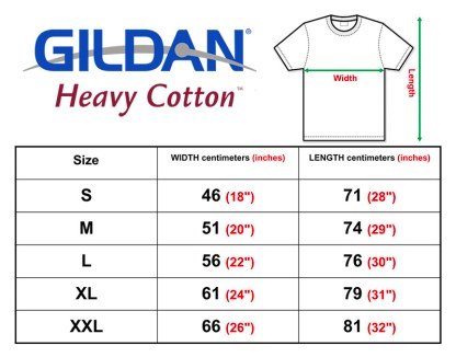 size chart for Gildan t shirt garment